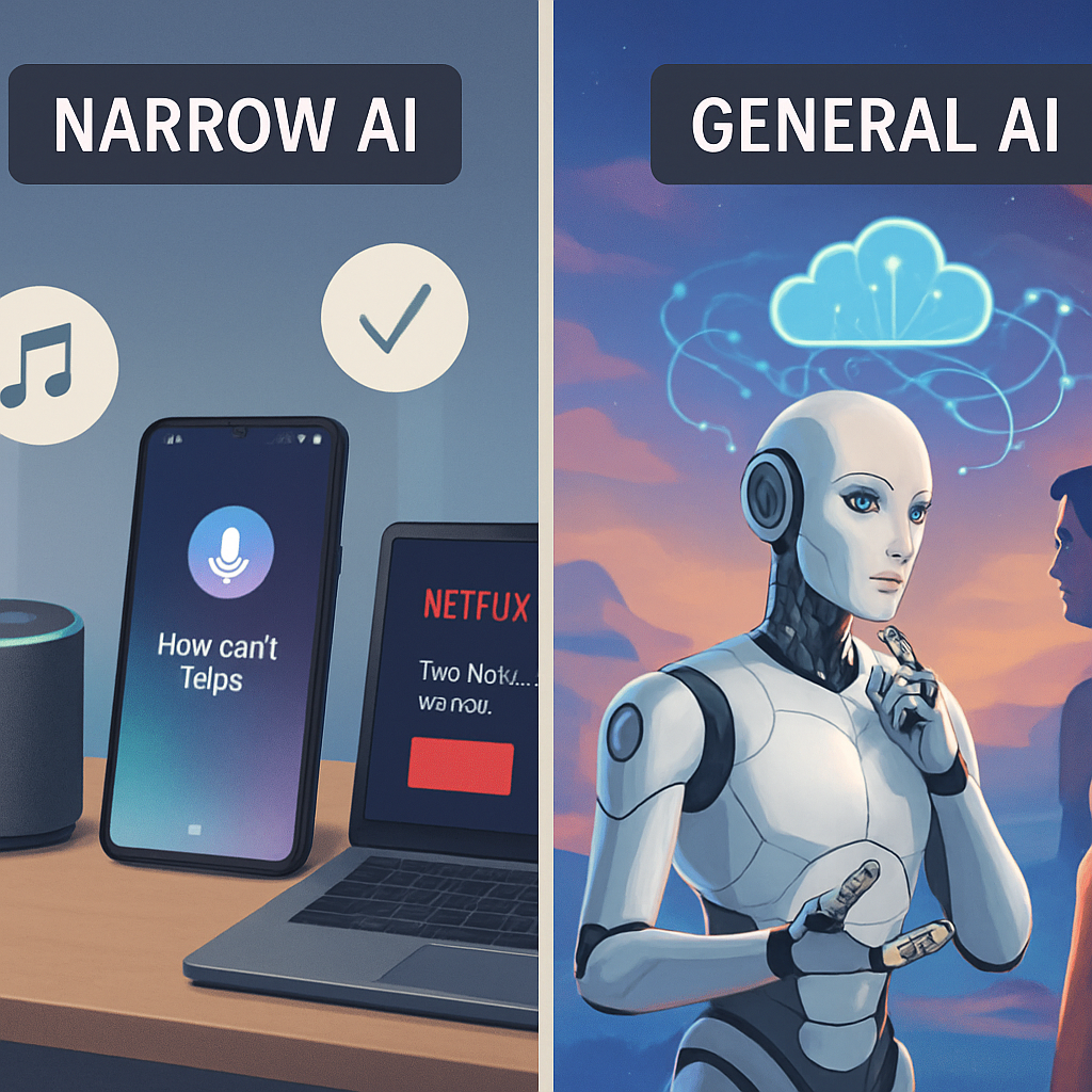 Narrow AI picture on phone, General AI future as a thinking robot