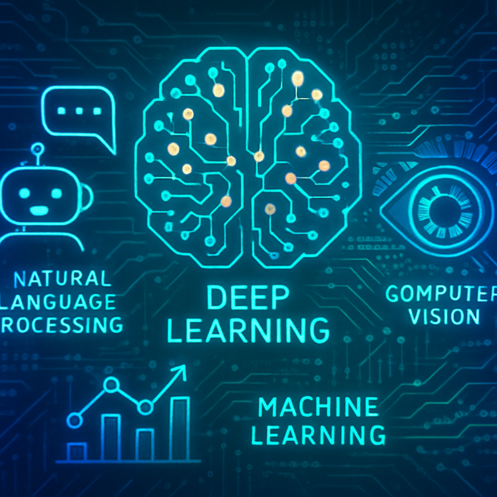 Icons like a brain for dep learning, an eye for computer vision, a robot for natural language processing