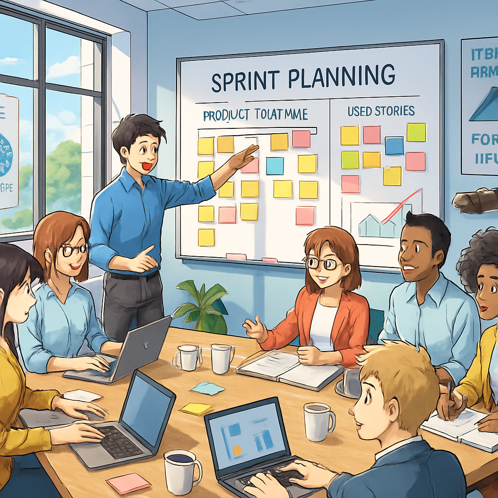 The image depicts a bright, modern workspace filled with a diverse group of professionals engaged in a collaborative Agile sprint planning session. A large whiteboard at the front showcases colorful sticky notes and diagrams outlining the product roadmap and user stories, while team members discuss animatedly around a long table strewn with laptops, coffee cups, and notepads. One person stands by the whiteboard, pointing to a chart, while others nod in agreement or jot down notes. In the background, large windows let in natural light, illuminating the vibrant atmosphere of teamwork and innovation. The walls are adorned with motivational Agile quotes and visual aids, reinforcing the principles of iterative development and user-centric design. The overall mood is dynamic and focused, reflecting the energy of a productive Agile environment.