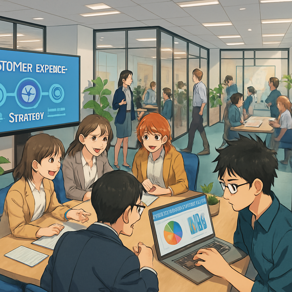 The image depicts a modern office environment bustling with activity. In the foreground, a diverse group of professionals is engaged in a collaborative meeting around a large conference table. They are surrounded by digital screens displaying customer data and analytics, highlighting key metrics and trends. A whiteboard in the background is filled with colorful diagrams and sticky notes, illustrating various customer experience strategies. Sunlight streams through large windows, casting a warm glow on the sleek, minimalist furniture. In the corner, an employee is focused on a laptop, analyzing customer feedback. The overall atmosphere conveys a sense of urgency and determination, reflecting the challenges of navigating customer experience in a competitive business landscape.