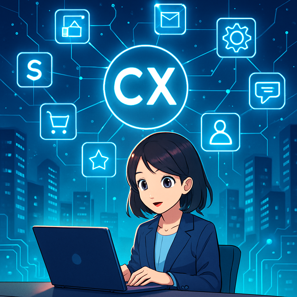 The image depicts a modern digital landscape filled with interconnected technology icons representing various aspects of Customer Experience (CX) technology. 