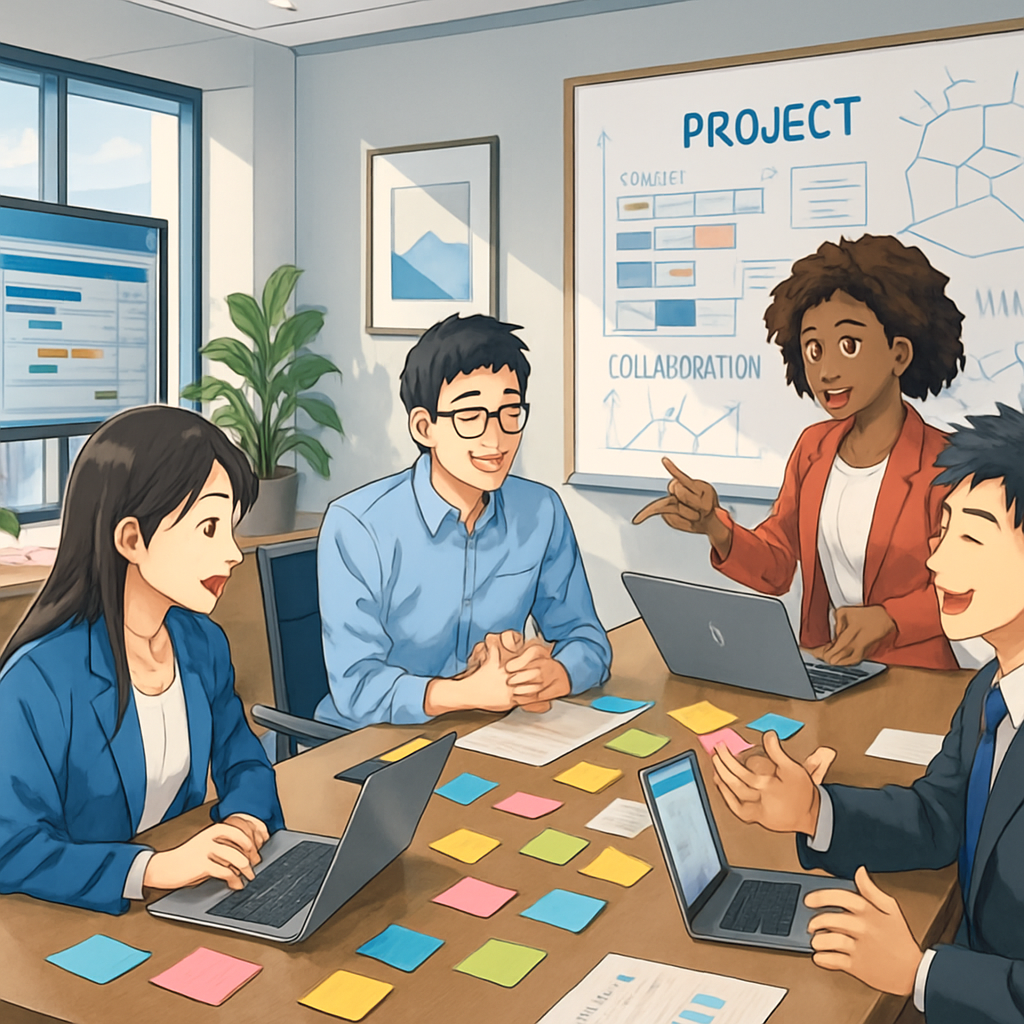 The image depicts a sleek, modern office environment with a large glass conference room at the center. Inside the room, a diverse group of professionals is engaged in a lively discussion around a polished wooden table, with laptops and digital tablets open in front of them. A large screen displays a colorful project timeline and graphs, emphasizing the structured approach to project management.