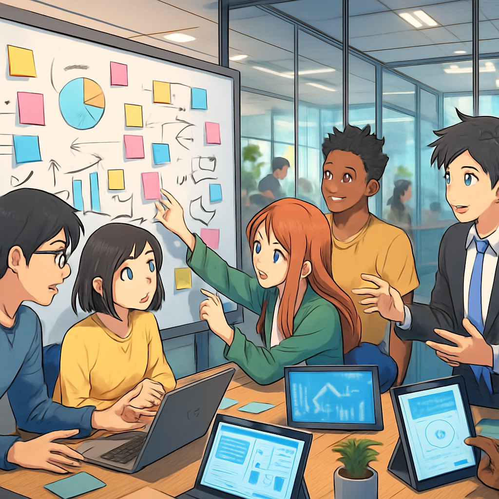 The image depicts a modern office environment filled with diverse professionals engaged in a collaborative Agile product development session. In the foreground, a group of individuals of varying ethnicities and genders huddles around a large whiteboard covered in colorful sticky notes and diagrams, brainstorming ideas. Laptops and digital devices are scattered across the table, showcasing live updates and designs. The atmosphere is vibrant and energetic, with a blend of creativity and focus. In the background, a glass wall reveals additional teams working in open spaces, promoting transparency and communication. Natural light streams in from large windows, illuminating the room and enhancing the sense of innovation and teamwork. The overall vibe conveys a dynamic and flexible workspace, embodying the principles of Agile methodology. no words are on display, just symbols