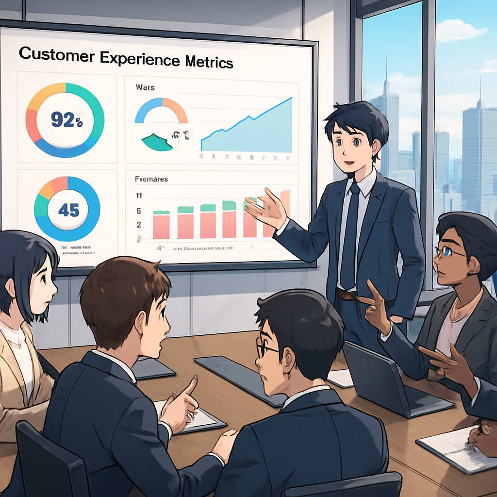 The image depicts a sleek, modern office environment with a large screen displaying a colorful Salesforce dashboard. The dashboard is split into several sections featuring graphs, charts, and key performance indicators (KPIs) related to customer experience metrics. Bright colors highlight trends in Customer Satisfaction (CSAT), Net Promoter Score (NPS), and financial impact indicators, such as revenue and retention rates. A diverse team of professionals, including a woman pointing at the screen and a man taking notes, are engaged in a discussion around the data. The background features glass walls with a cityscape view, providing a vibrant and dynamic atmosphere. The overall mood conveys a sense of collaboration and strategic planning, emphasizing the importance of data-driven decision-making in enhancing customer experience and measuring ROI.