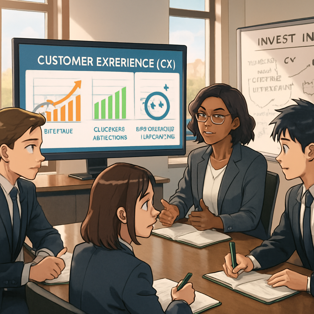The image features a professional office setting with a diverse group of businesspeople engaged in a discussion around a sleek conference table. A large screen displays a vibrant infographic illustrating key metrics related to customer experience (CX) and financial impact. The infographic includes graphs showing revenue growth, customer retention rates, and Net Promoter Scores (NPS). Sunlight streams through large windows, casting a warm glow on the participants, who are attentively taking notes and exchanging ideas. A whiteboard in the background is filled with handwritten notes and diagrams emphasizing strategic investment in CX. The atmosphere is dynamic and focused, reflecting the importance of customer experience in driving business success.