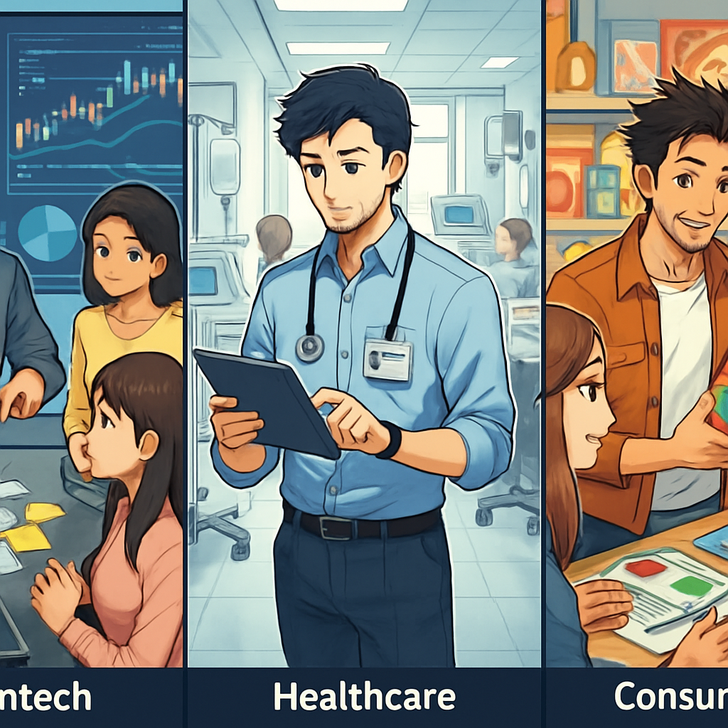 The image features a split-screen layout showcasing three distinct diverse product management environments. On the left, a sleek, modern FinTech office with digital screens displaying financial data and graphs. A product manager, wearing smart casual attire, engages in a brainstorming session with a diverse team around a high-tech table, laptops open, and sticky notes scattered. In the center, a healthcare product manager stands in a bright hospital environment, reviewing a digital tablet while discussing a workflow with a nurse, surrounded by medical equipment and patients. On the right, a trendy consumer goods workspace displays colorful product prototypes and packaging designs. A product manager, holding a vibrant package, collaborates with marketing specialists at a creative table, filled with consumer trend reports and design sketches. The background blends elements of each industry, illustrating the versatility and dynamism of product management roles.