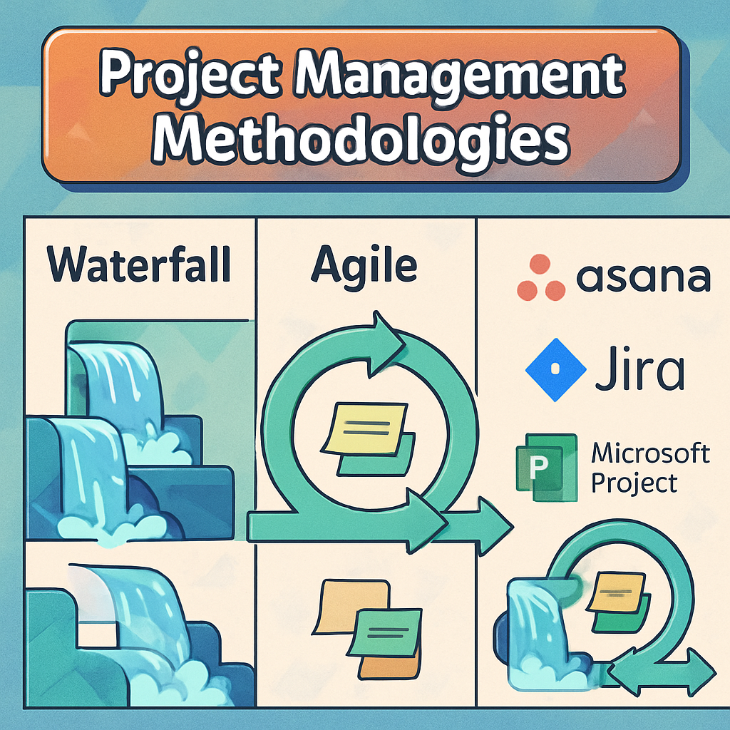 The image features a visually engaging infographic that outlines various project management methodologies. At the top, a bold title reads "Project Management Methodologies: Choosing the Right Path to Success." Below, three distinct sections represent the Waterfall, Agile, and Hybrid methodologies, each accompanied by a unique icon symbolizing its characteristics. The Waterfall section shows a cascading waterfall graphic, emphasizing its linear flow. The Agile section features a dynamic, circular arrow design, indicating flexibility and iterative processes. The Hybrid section combines elements of both, showcasing a balanced scale. Each section includes brief descriptions and examples, visually differentiated with color coding. At the bottom, logos of popular project management tools like Asana, Jira, and Microsoft Project are displayed, each within a rounded box, creating a cohesive look. The overall design is clean and modern, utilizing a color palette of blues, greens, and oranges to attract attention and facilitate easy comprehension.